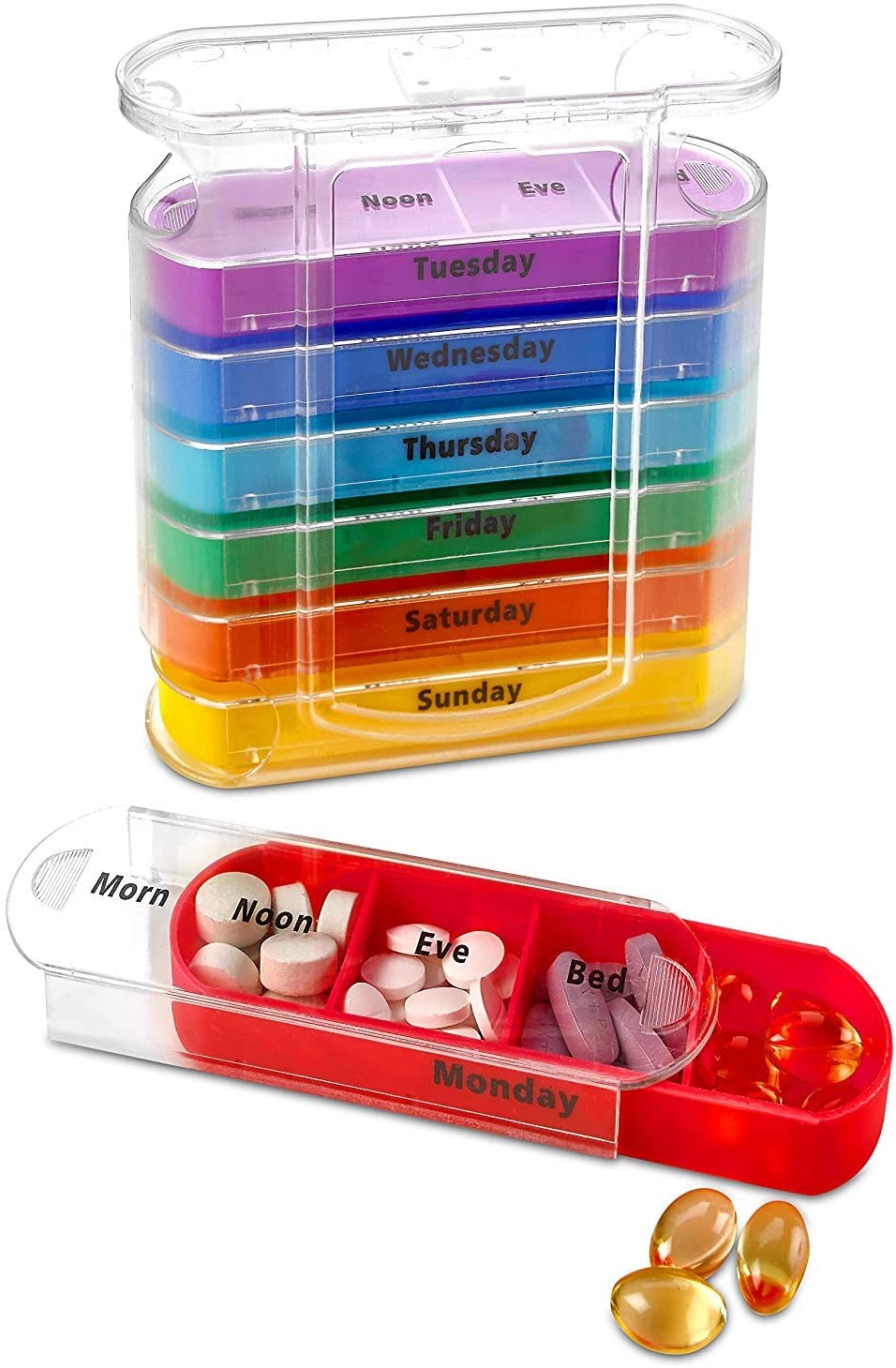 Colorful Weekly Four Times a Day Pill Dispenser with Stackable Compartments